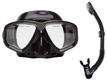 OceanWays Caribbean Mask & Dry Snorkel Combo – Tempered Glass Snorkeling Set Black