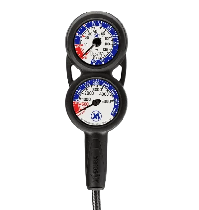 XS Scuba Highland QuikVu Pressure & Depth Console – Analog 2-Gauge Scuba Console with Braided HP Hose