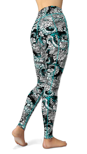 Spacefish Army Electric Blue Octofloral Eco Pocket Leggings – Women’s Recycled Contour Activewear