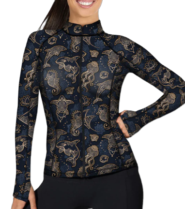 Spacefish Army Ocean Mandala Eco Full Zip Rash Guard – Women’s Recycled Sun Protection Swimwear