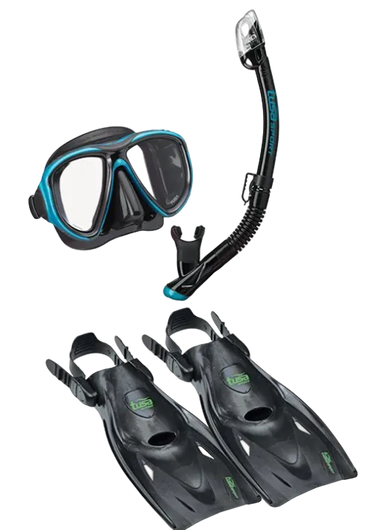 TUSA Adult Snorkeling Set – Mask, Snorkel & Full Foot Fin Package Ocean Green