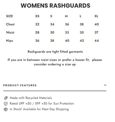Womens rashguard size chart with measurements and product features listed.