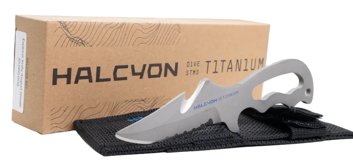 Halcyon Explorer Knife – Titanium Dive Knife with Low-Profile Harness Sheath