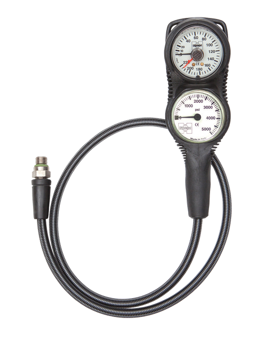XS Scuba Highland Pressure & Depth Two Gauge Console – Thin-Line SPG with Miflex Hose