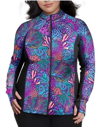 Plus Size Eco-friendly Full Zip Up Coral Kaleidoscope Rash Guard