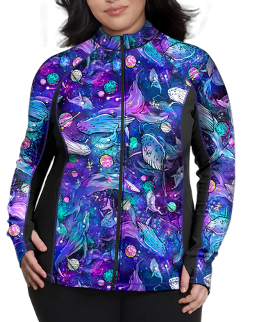 Plus Size Eco-friendly Full Zip Up Cosmic Whale Rash Guard