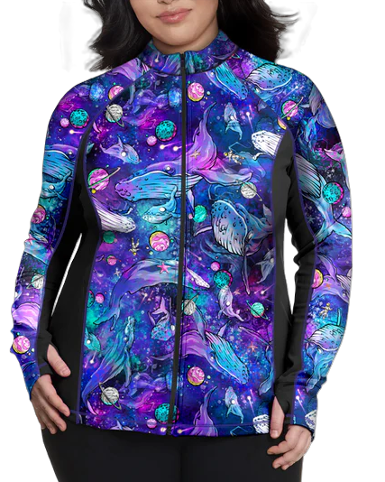 Plus Size Eco-friendly Full Zip Up Cosmic Whale Rash Guard