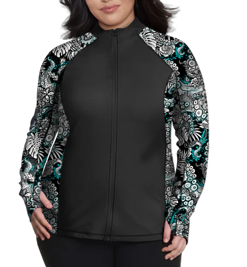 Plus Size Eco-friendly Full Zip Up Electric Blue Octofloral Rash Guard