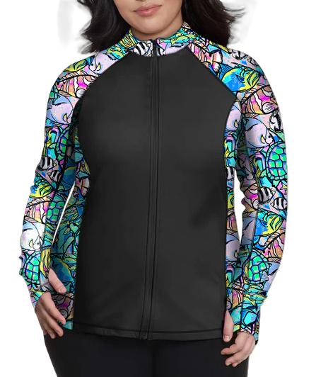 Plus Size Eco-friendly Full Zip Up Neon Fish Frenzy Rash Guard
