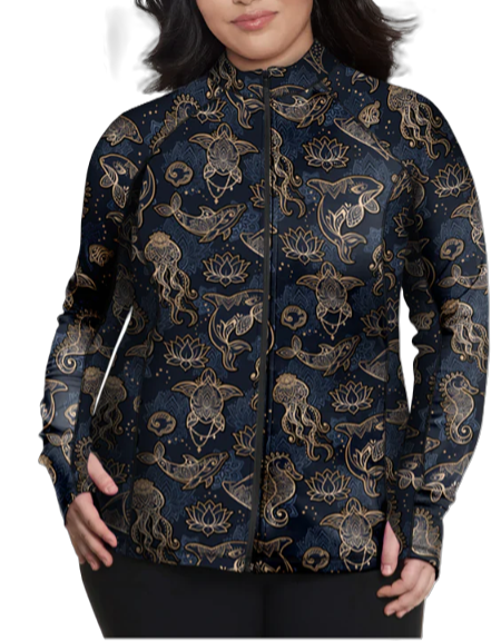 Plus Size Eco-friendly Full Zip Up Ocean Mandala Rash Guard