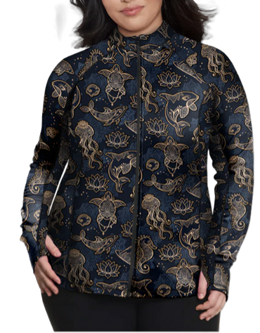 Plus Size Eco-friendly Full Zip Up Ocean Mandala Rash Guard