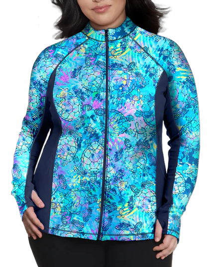 Plus Size Eco-friendly Full Zip Up Turtle Tie Dye Rash Guard