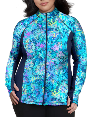 Plus Size Eco-friendly Full Zip Up Turtle Tie Dye Rash Guard