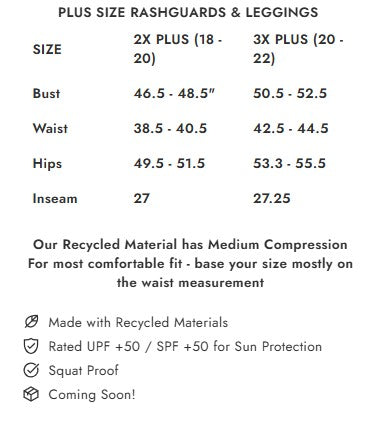 Size chart for plus size rashguards and leggings with measurements and material information.