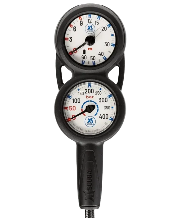 XS Scuba Highland QuikVu Pressure & Depth Console – Analog 2-Gauge Scuba Console with Braided HP Hose