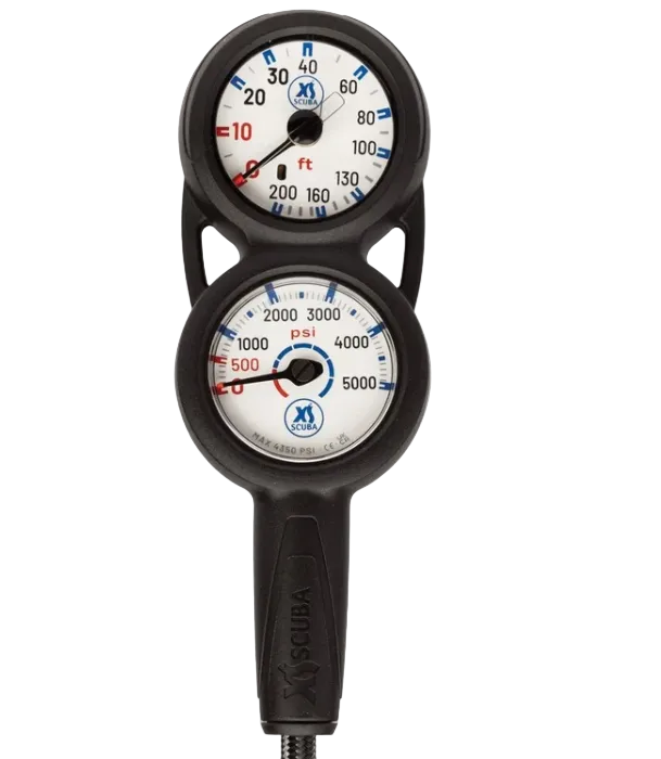 XS Scuba Highland QuikVu Pressure & Depth Console – Analog 2-Gauge Scuba Console with Braided HP Hose