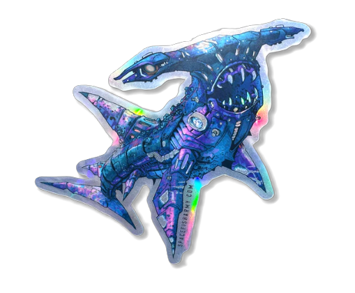Spacefish Army Holographic Steampunk Hammerhead Shark Sticker – Waterproof Die-Cut Ocean Decal