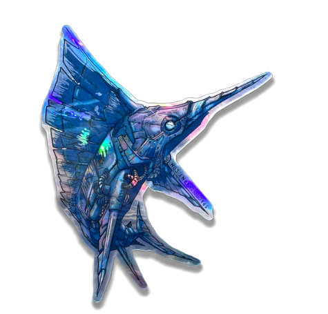Spacefish Army Holographic Steampunk Swordfish Sticker – Waterproof Die-Cut Ocean Decal