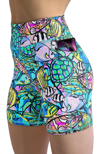 Spacefish Army Neon Fish Frenzy Eco Pocket Shorts – Women’s Recycled Activewear