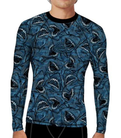 Spacefish Army Shark Camo Eco Rash Guard – Men’s Recycled Sun Protection Swimwear