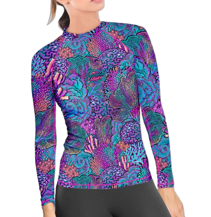 Spacefish Army Coral Kaleidoscope Eco Contour Rash Guard – Women’s Recycled Sun Protection Swimwear