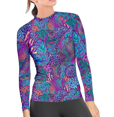 Spacefish Army Coral Kaleidoscope Eco Contour Rash Guard – Women’s Recycled Sun Protection Swimwear