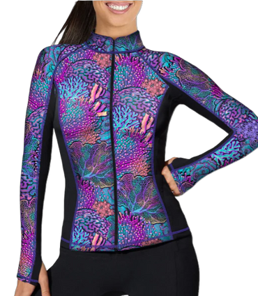 Spacefish Army Coral Kaleidoscope Eco Full Zip Rash Guard – Women’s Recycled Sun Protection Swimwear