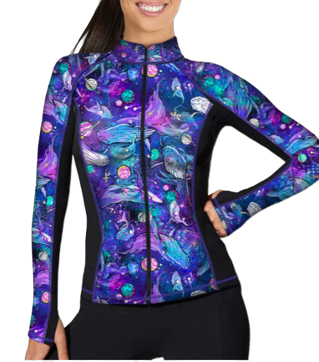 Spacefish Army Cosmic Whale Eco Full Zip Rash Guard – Women’s Recycled Sun Protection Swimwear