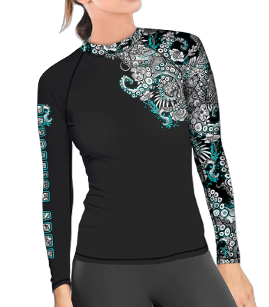 Spacefish Army Electric Blue Octofloral Eco Contour Rash Guard – Women’s Recycled Sun Protection Swimwear
