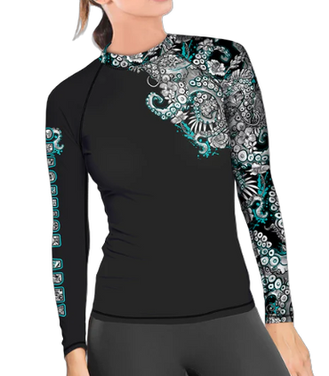 Spacefish Army Electric Blue Octofloral Eco Contour Rash Guard – Women’s Recycled Sun Protection Swimwear