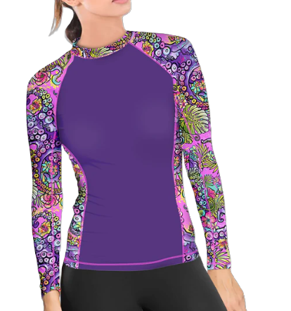 Spacefish Army Octofloral Splatterparty Eco Contour Rash Guard – Women’s Recycled Sun Protection Swimwear