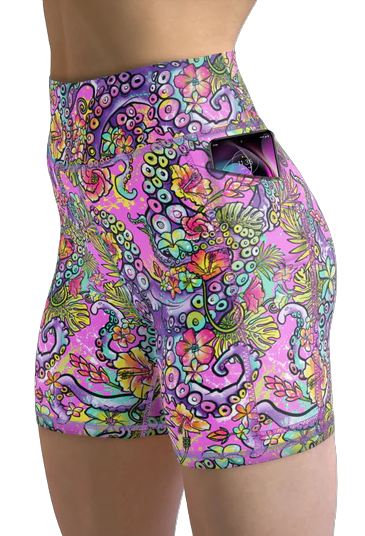 Spacefish Army Octofloral Splatterparty Eco Pocket Shorts – Women’s Recycled Activewear