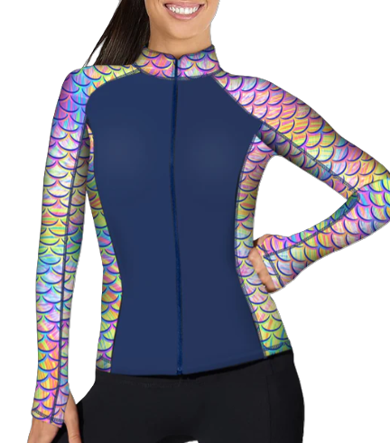 Spacefish Army Psychedelic Mermaid Eco Full Zip Rash Guard – Women’s Recycled Sun Protection Swimwear