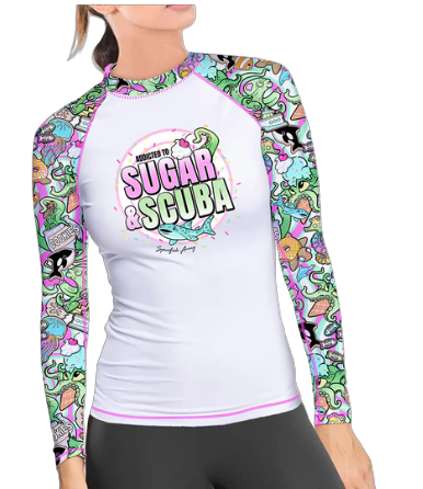 Spacefish Army Sugar & Scuba Candy Octopus Eco Contour Rash Guard – Women’s Recycled Sun Protection Swimwear