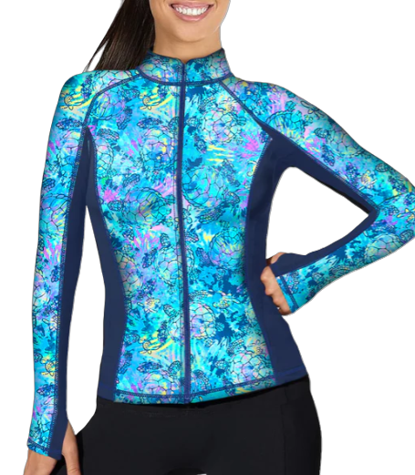 Spacefish Army Turtle Tie Dye Eco Full Zip Rash Guard – Women’s Recycled Sun Protection Swimwear