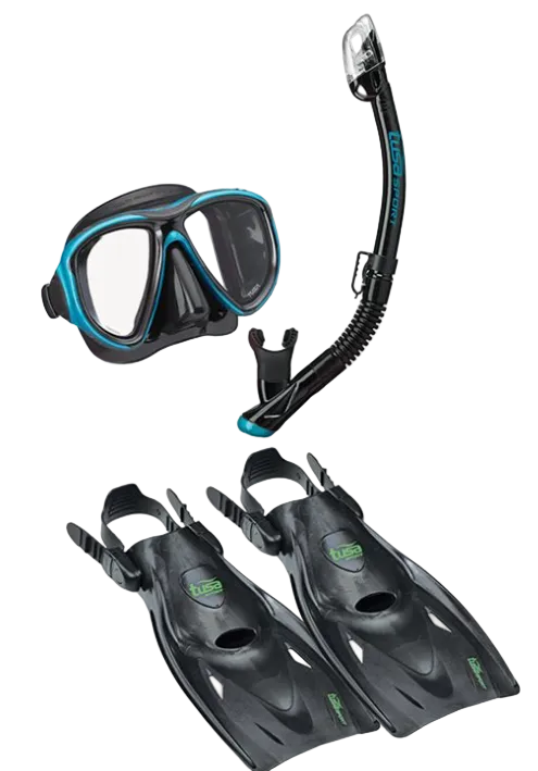 TUSA Adult Snorkeling Set – Mask, Snorkel & Full Foot Fin Package Ocean Green
