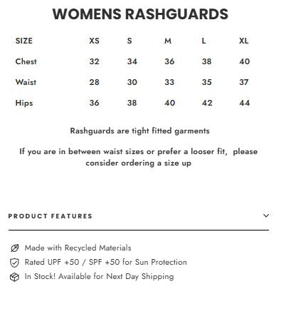 Womens rashguard size chart with measurements and product features listed.