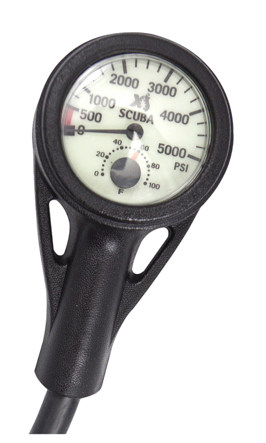 XS Scuba Standard Pressure Gauge – Submersible SPG with Thermometer & HP Hose